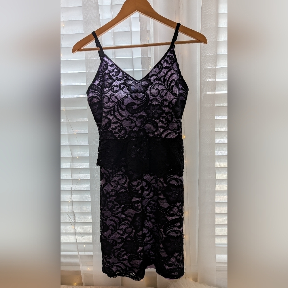 Blu:m Elegant Black Lace Mini Dress with Purple Underlay